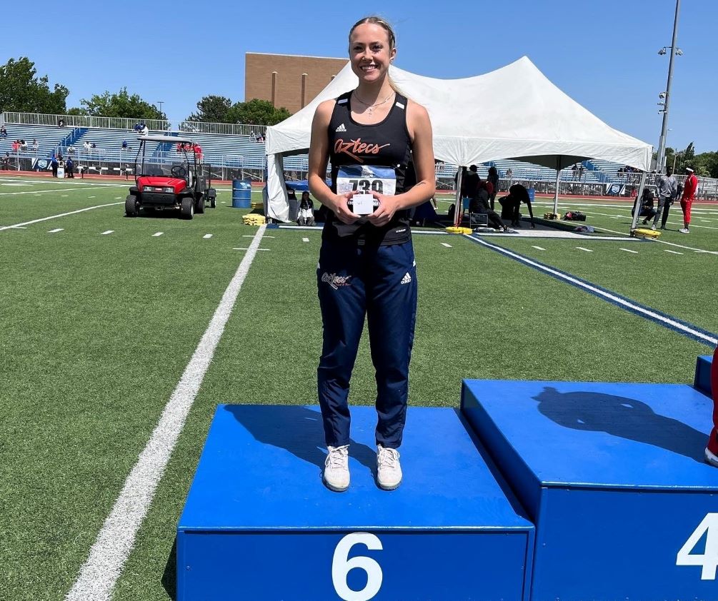 Sophomore Jessica Bright-Schade (Safford HS) took sixth place in the Javelin with a mark of 36.28 meters (119-feet) as she earned NJCAA All-American status. The Aztecs finished in 15th place with a total of 16 points. Photo by Raymond Suarez