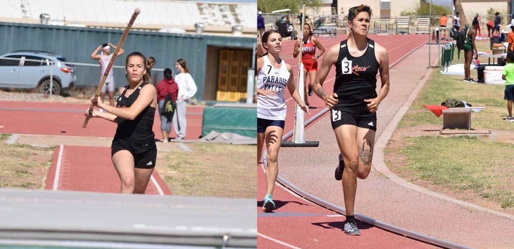 Freshman Candice Pocase (Santa Rita HS) and sophomore Nyah Torres (Millenium HS) were two of the six Aztecs who set personal-records on Friday at the Mesa Invitational. Pocase set hers in the Pole Vault (9-feet, 10.50-inches) and Torres set hers in the 400 meter race (1:02.50). Photos by Ben Carbajal