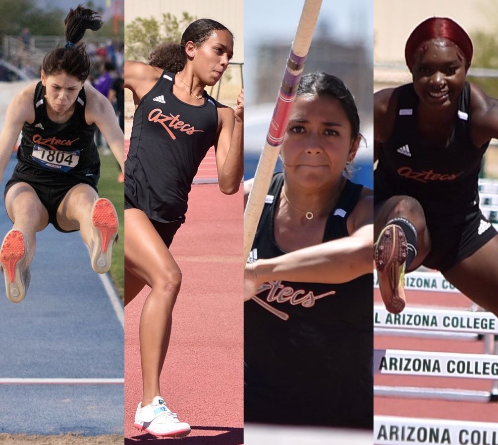 The Aztecs women's track & field team set four new NJCAA Outdoor National Qualifying marks and times on Saturday at the Gaucho Invitational. Jackie Trice (Long Jump), Abigail Walls (High Jump), Darian Calicdan (Pole Vault) and Fatmata Conteh (400 meter hurdles). Photos by Stephanie van Latum and Ben Carbajal