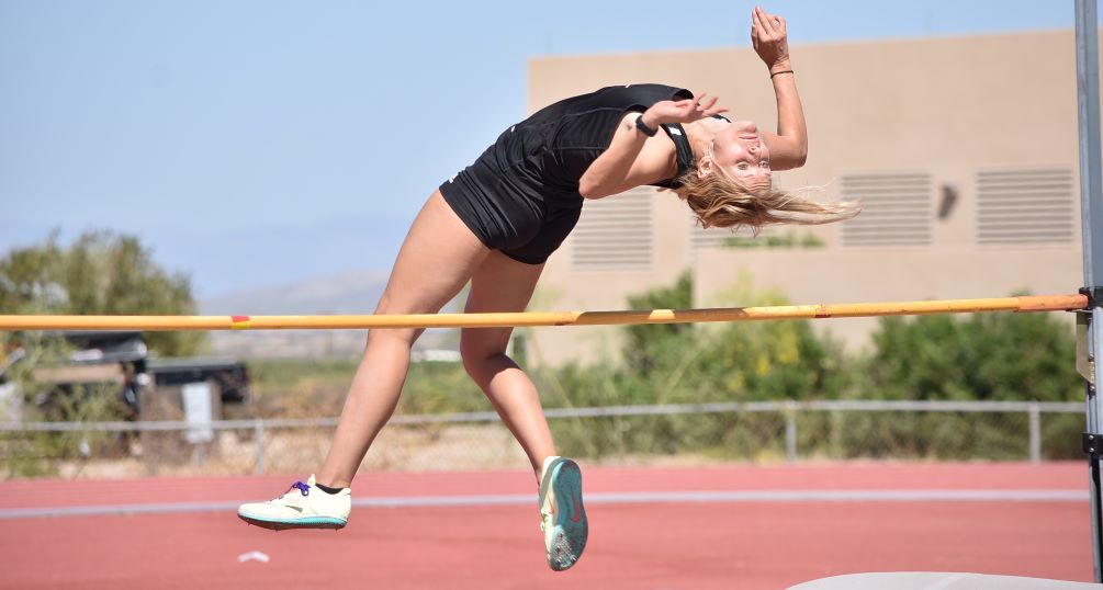 Sophomore Eliza Littlewood (Campo Verde HS) claimed her second Heptathlon title on Tuesday at the NJCAA Region I Multi-Event Championships. She set personal-records in six of the seven events and took first place in the Long Jump. The Aztecs secured 21 team points for the Aztecs for the NJCAA Region I Championships next week in Mesa. Photo by Ben Carbajal