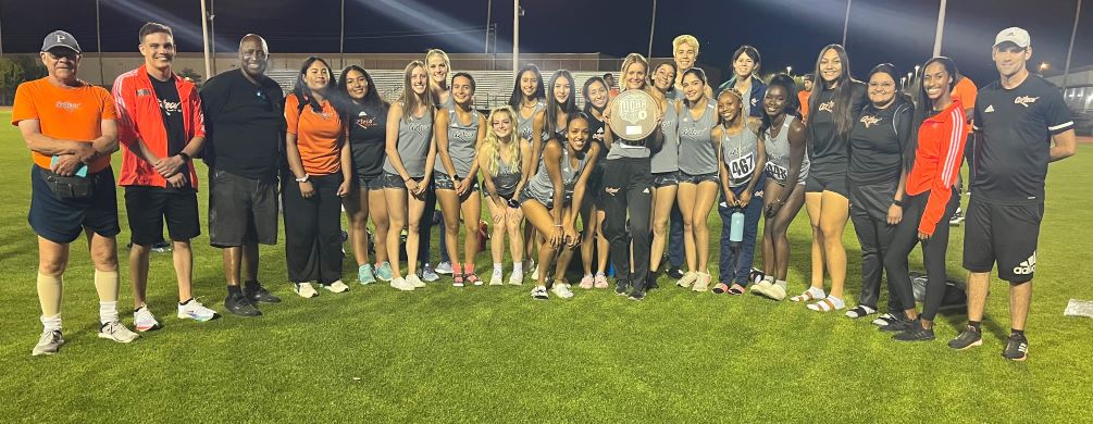 The Aztecs women's track & field team took the runner-up trophy at the NJCAA Region I Championships on Thursday at Mesa. Eliza Littlewood (holding the plaque) took home two region titles in the Heptathlon and the High Jump as she scored a team-high 52 points. Photo by Raymond Suarez