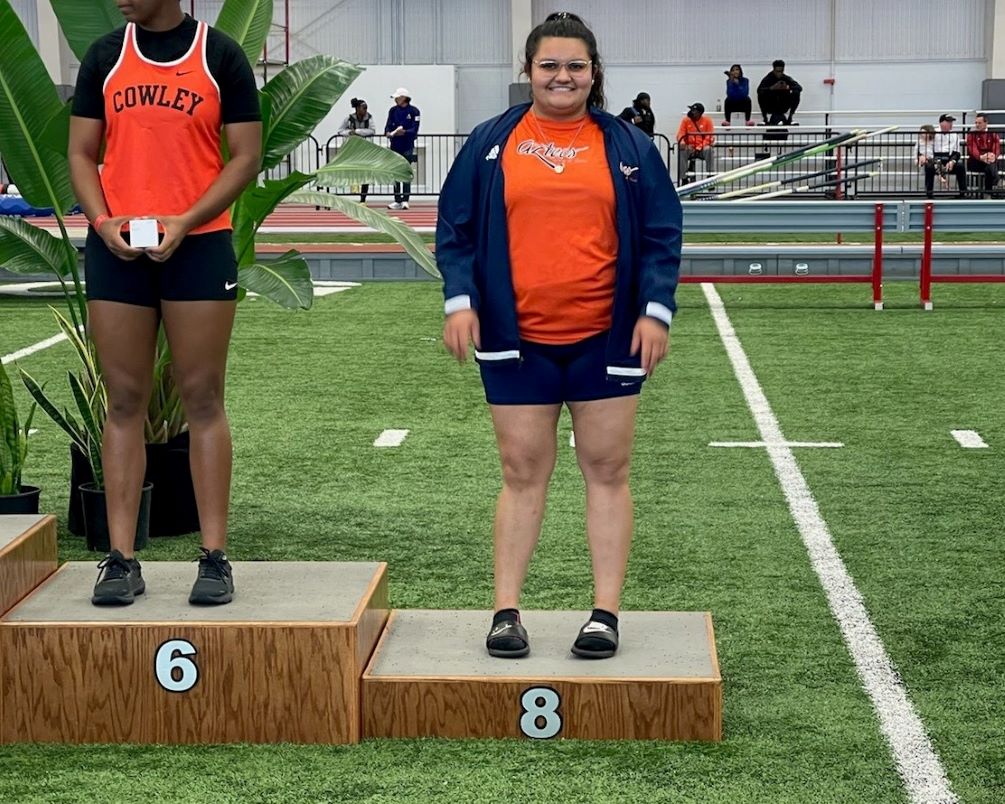 Sophomore Lucy Chavez (Bisbee HS) earned NJCAA All-American status after she took eighth place in the Weight Throw with a mark of 1490 meters (48-feet, 10.75-inches) on her first attempt. The Aztecs finished in 17th place with 11 team points at the NJCAA Indoor National Championships. Photo courtesy of Chad Harrison.