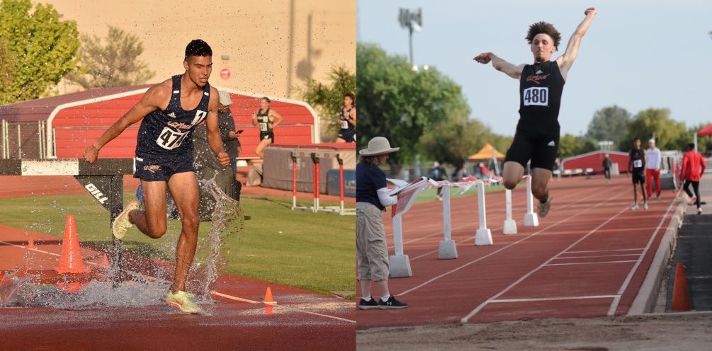 The Aztecs men's track & field team added two more Region I champions as sophomore Emmanuel Corral (Pusch Ridge Christian HS) won the 3,000 meter steeplechase (9:37.86) and sophomore Donovan Henderson took first in the Long Jump at 7.01 meters (23-0). The Aztecs sit in second place with 87 points heading into Thursday's final day. Photos by Ben Carbajal and Raymond Suarez