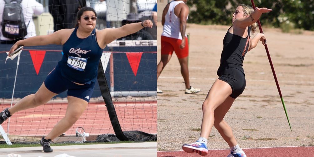 Sophomore Lucy Chavez (Bisbee HS) earned an NJCAA Outdoor national qualifying mark in the Discus with a throw of 41.36 meters (135-8) while fellow sophomore Jessica Bright-Schade (Safford HS) set her national qualifier in the Javelin with a throw of 37.36 meters (122-7). Photos by Stephanie van Latum and Ben Carbajal