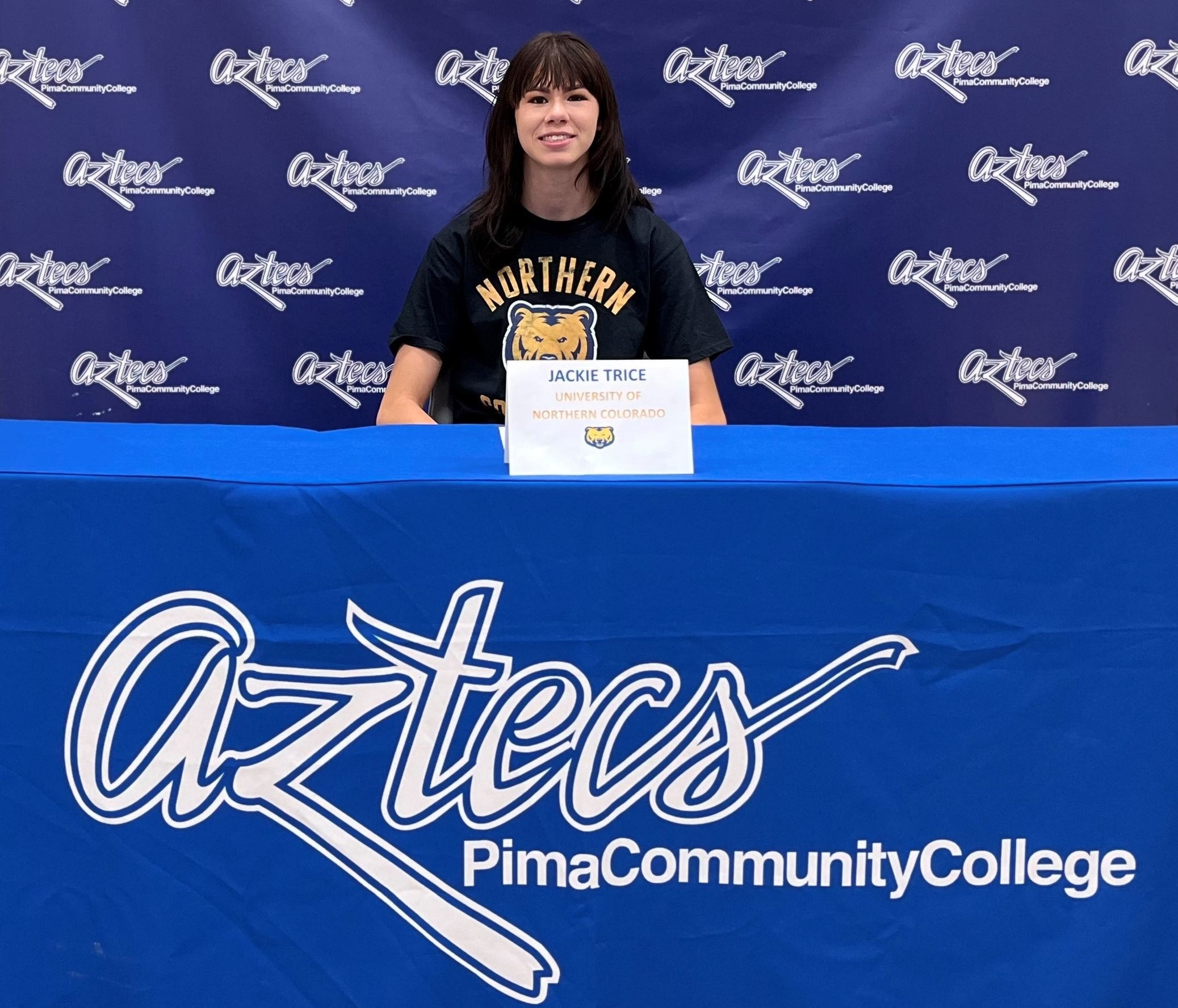 Aztecs women's track & field sophomore Jackie Trice (Williams Field HS) signed her letter of intent to the University of North Colorado. Trice was a six-time NJCAA All-American and broke the Pima school record in the Pentathlon. Photo by Raymond Suarez