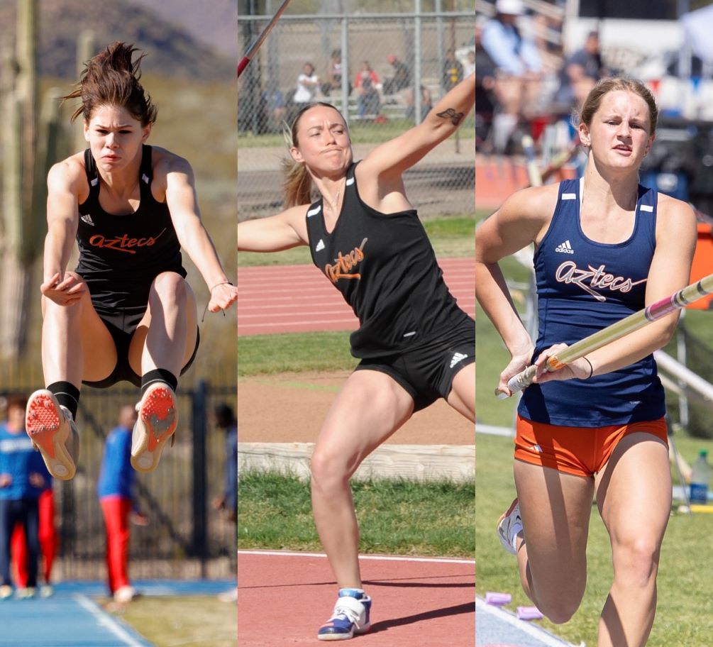 Sophomores Jackie Trice (Long Jump) and Jessica Bright-Schade (Javelin), along with freshman Brooke Peterson (Pole Vault), each earn first place finishes and were named first team All-ACCAC at the ACCAC Conference Championships. Photos by Stephanie van Latum and Ray Suarez