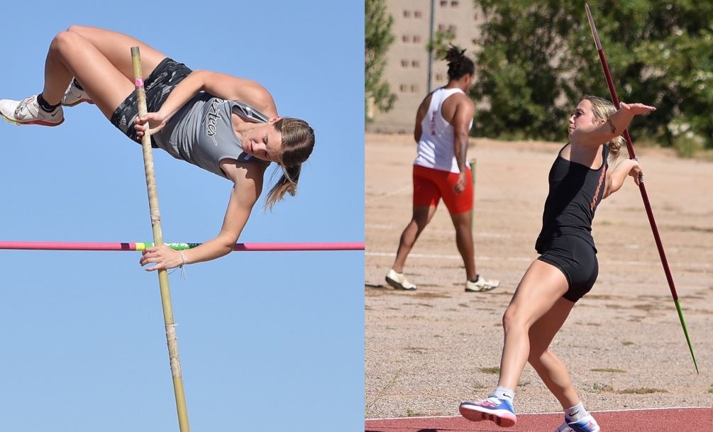 Freshman Brooke Peterson earned a national qualifying mark in the Pole Vault with a mark of 3.67 meters (12-feet, 0.50-inches) while sophomore Jessica Bright-Schade set a national qualifying mark in the Javelin at 38.47 meters (126-feet, 2-inches) at the GCU Invitational. Photos by Ben Carbajal