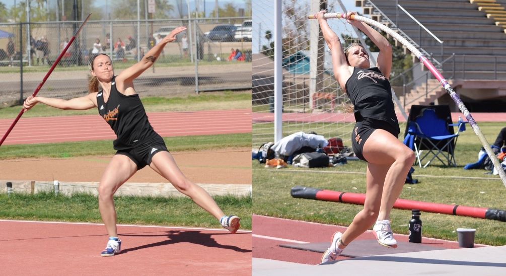 Sophomore Jessica Bright-Schade (Safford HS) claimed the Region I title in the Javelin (36.93 meters (121-2) while freshman Brooke Peterson (Mingus HS) won the Pole Vault event (3.72 meters (12-2.50). The women's track & field team sits in third place with 56 points. the final day of the Region I Championships will be on Thursday at Mesa Community College. Photos by Raymond Suarez and Ben Carbajal