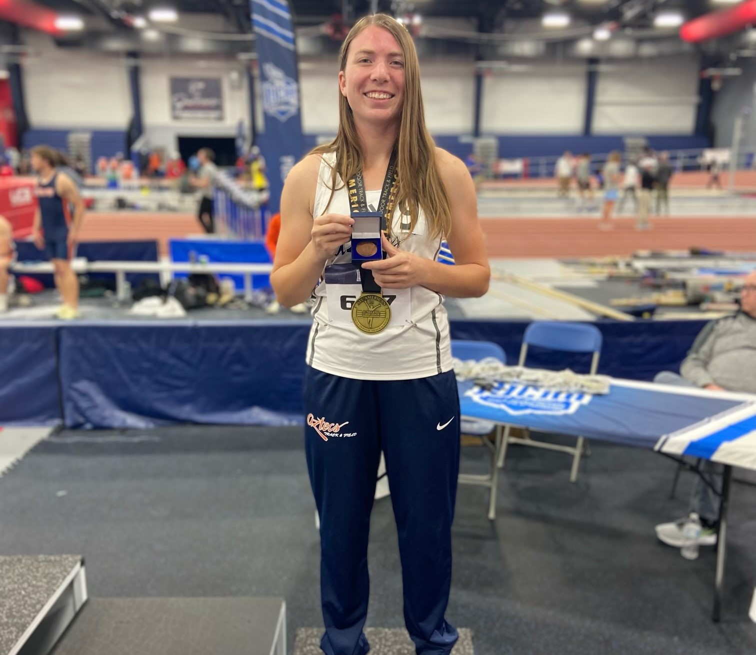 Freshman Maylee Thompson (Willcox HS) took fifth place and earned four team points in the Pentatlon with a score of 3002 points. It was a personal-best and also placed her fourth in the Pima Indoor all-time school records. The Aztecs are tied for 18th place in the team standings with four points. The Aztecs close out the competition on Saturday in Gainesville, FL. Photo courtesy of Chad Harrison