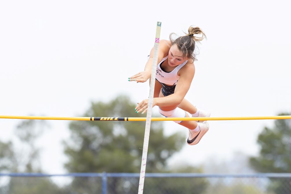 Freshman Morgan Pepe (Ironwood Ridge HS) captured the Region I title in the Pole Vault as she finished with a mark of 3.72 meters (12-feet, 2.50-inches) on her first attempt. The Aztecs sit in third place in the team standings with 73 points. The Region I Championships conclude on Thursday at Mesa Community College. Photo by Stephanie van Latum