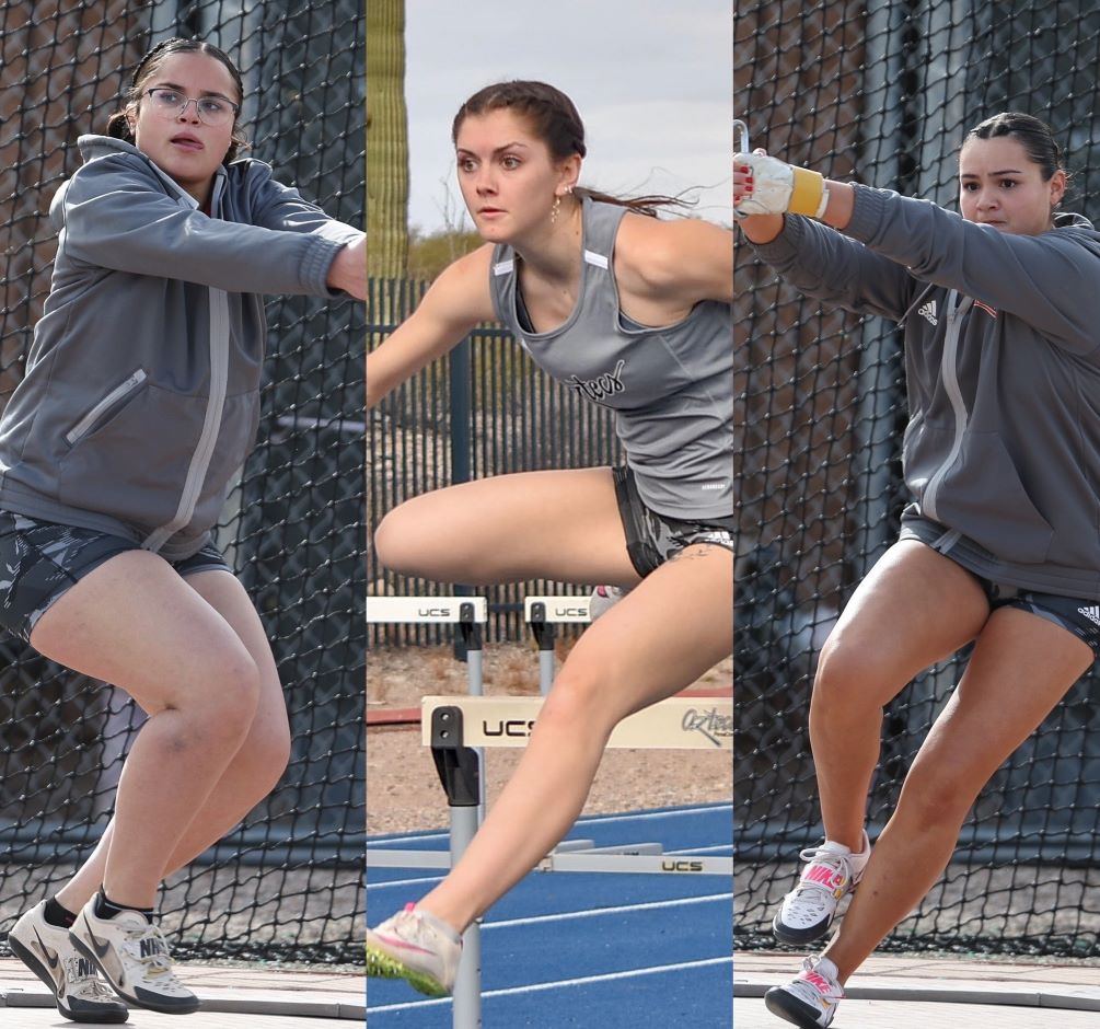 Freshman Larissa Blanchard (center) broke the Pima Outdoor school record in the 100-meter hurdles with a time of 14.36 seconds while sophomores Kapualani Magnani (left) and Annika Arvayo (right) set national qualifiers in the Hammer Throw. Photos by Stephanie van Latum and Ben Carbajal