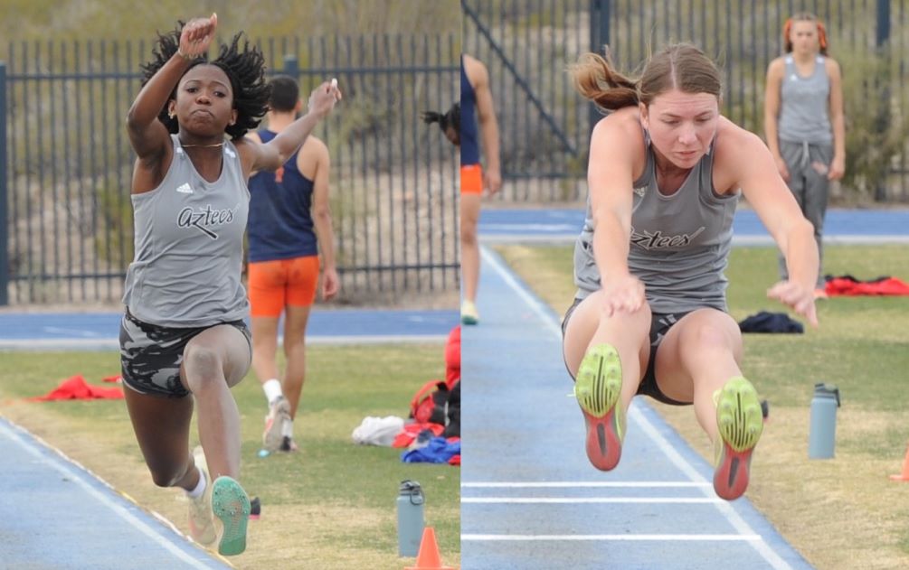 Sophomore Tianna Moseley and freshman Maylee Thompson (Willcox HS) each set two NJCAA national qualifying marks to open the 2024 season on Saturday in the Jim Mielke Memorial Invitational. Moseley set hers in the Triple Jump (11.74 meters) and Long Jump (5.54 meters) while Thompson set hers in the Pentathlon (2869 points) and Long Jump (5.54 meters). The Aztecs set seven qualifiers total as a team. Photos by Ray Suarez