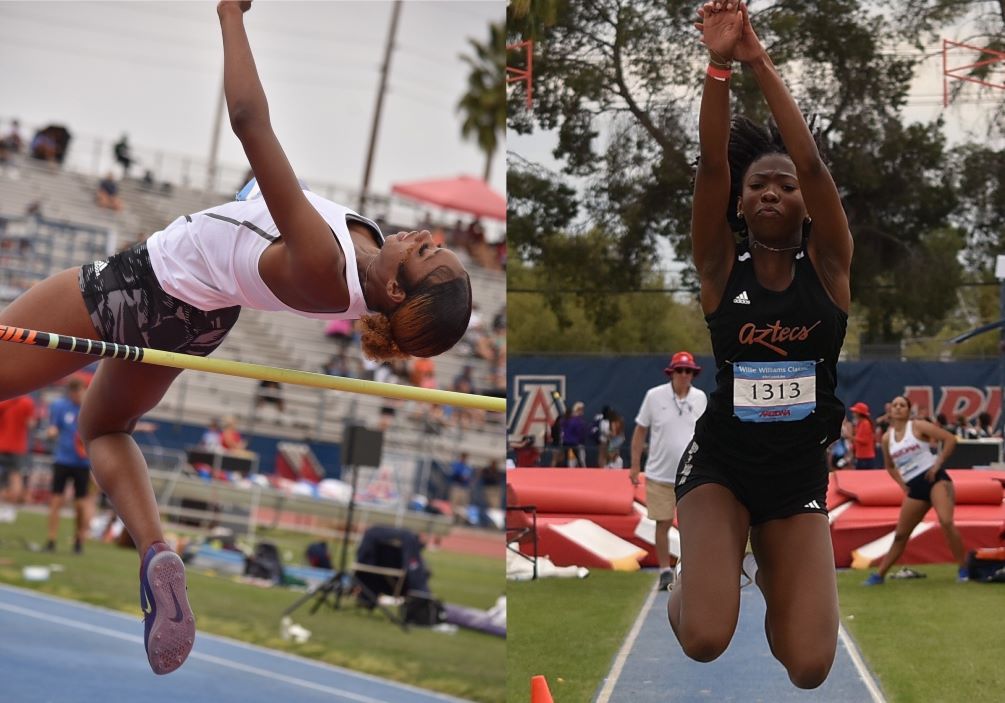 Freshman Ja'Niya Ross (High Jump) and sophomore Tianna Moseley (Triple Jump) captured individual titles at the ACCAC Conference Championships on Friday held at Paradise Valley Community College. The Aztecs took third place in the team standings and came away with five student-athletes earning All-ACCAC honors. Photos by Ben Carbajal