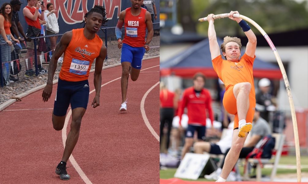 Freshman Nasir Tucker won the Long Event with a mark of =7.59 meters (24-feet, 11-inches) while freshman Adam McCoy claimed the Region title in the Pole Vault with a mark of 4.67 meters (15-3.75). The Aztecs sit in first place in the team standings with 103 points. Mesa Community College is second with 86 points and Central Arizona College is third with 63 points. Photos by Ben Carbajal and Stephanie van Latum