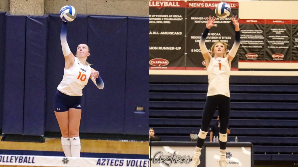 Sophomore Abby Whatton (Canyon del Oro HS) and freshman Taylor Crawford (Ironwood Ridge HS) each produced double-doubles as Aztecs volleyball defeated South Mountain Community College in four sets (25-20, 18-25, 25-10, 25-18). The Aztecs improved to 8-9 overall and 4-3 in ACCAC conference play. They play at Glendale Community College on Friday at 7:00 p.m. Photos by Steve Escobar.