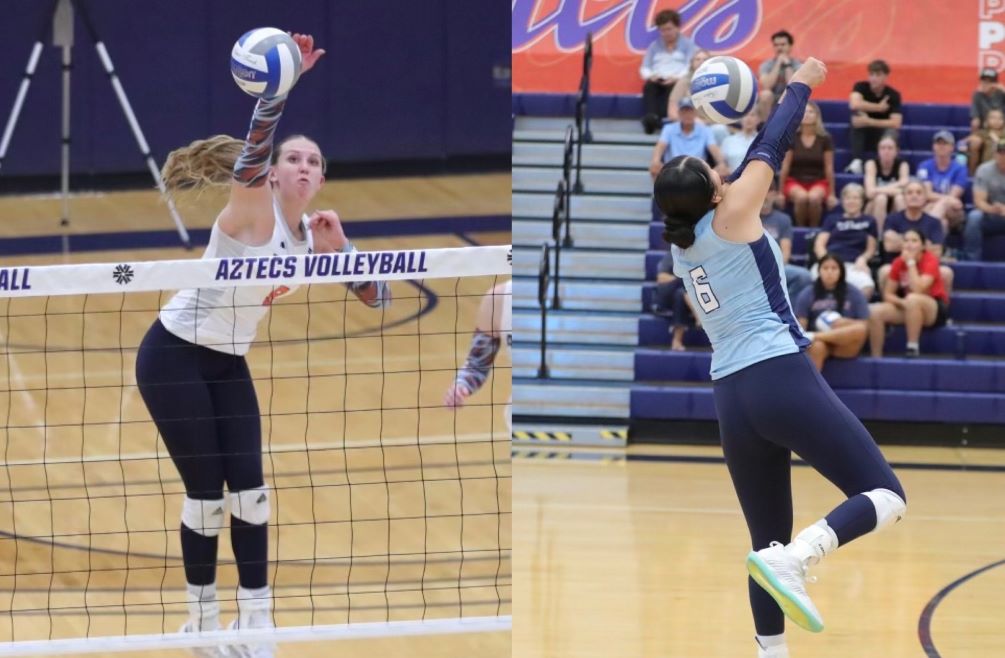 Sophomore Haylee Gilleland (Flagstaff HS) finished with 11 kills and three aces while fellow sophomore Jasmin Joseph (Tanque Verde HS) posted 17 digs and two aces as No. 25 ranked Aztecs Volleyball beat South Mountain Community College in straight sets (25-19, 25-19, 25-20). Photos by Steve Escobar