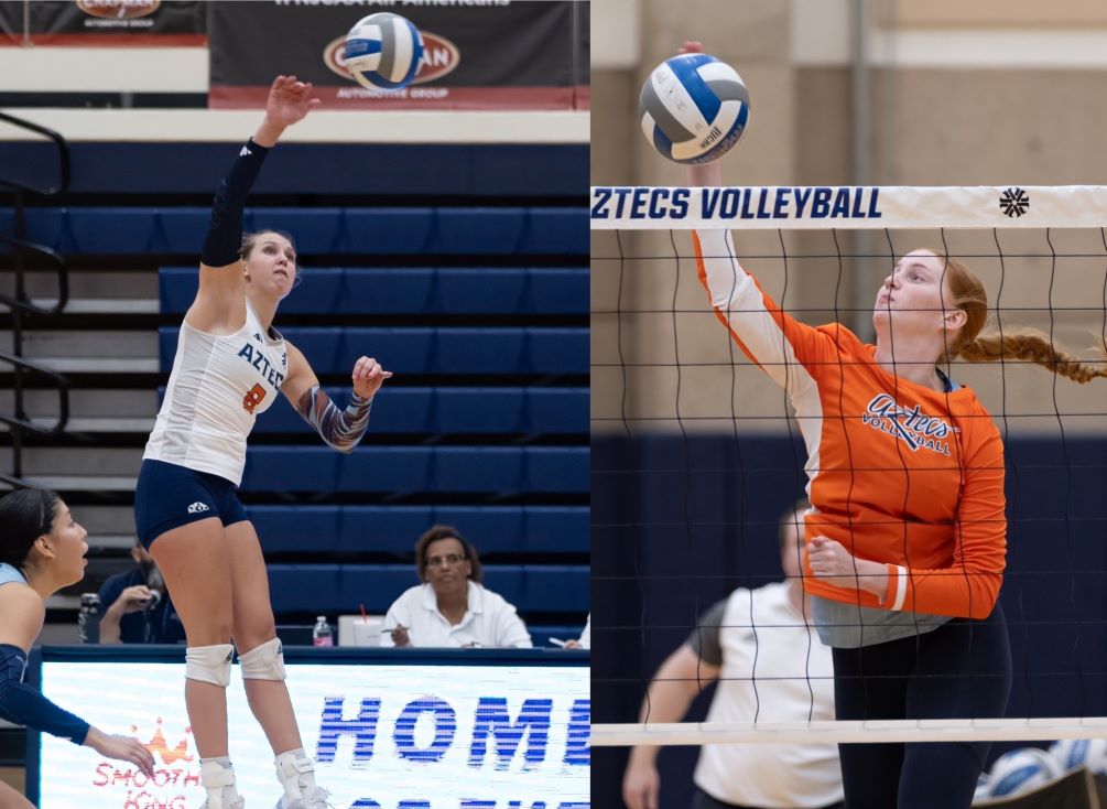 Sophomore Haylee Gilleland (Flagstaff HS) finished with a team-high 19 kills to go along with two aces and one block while freshman Ava Harrelson provided big plays including a block and a kill that put Pima up for good in the fourth sets as the Aztecs beat Central Arizona College (25-16, 15-25, 25-23, 25-23) in a non-conference match. The Aztecs are 13-12 overall. Photos by Stephanie van Latum