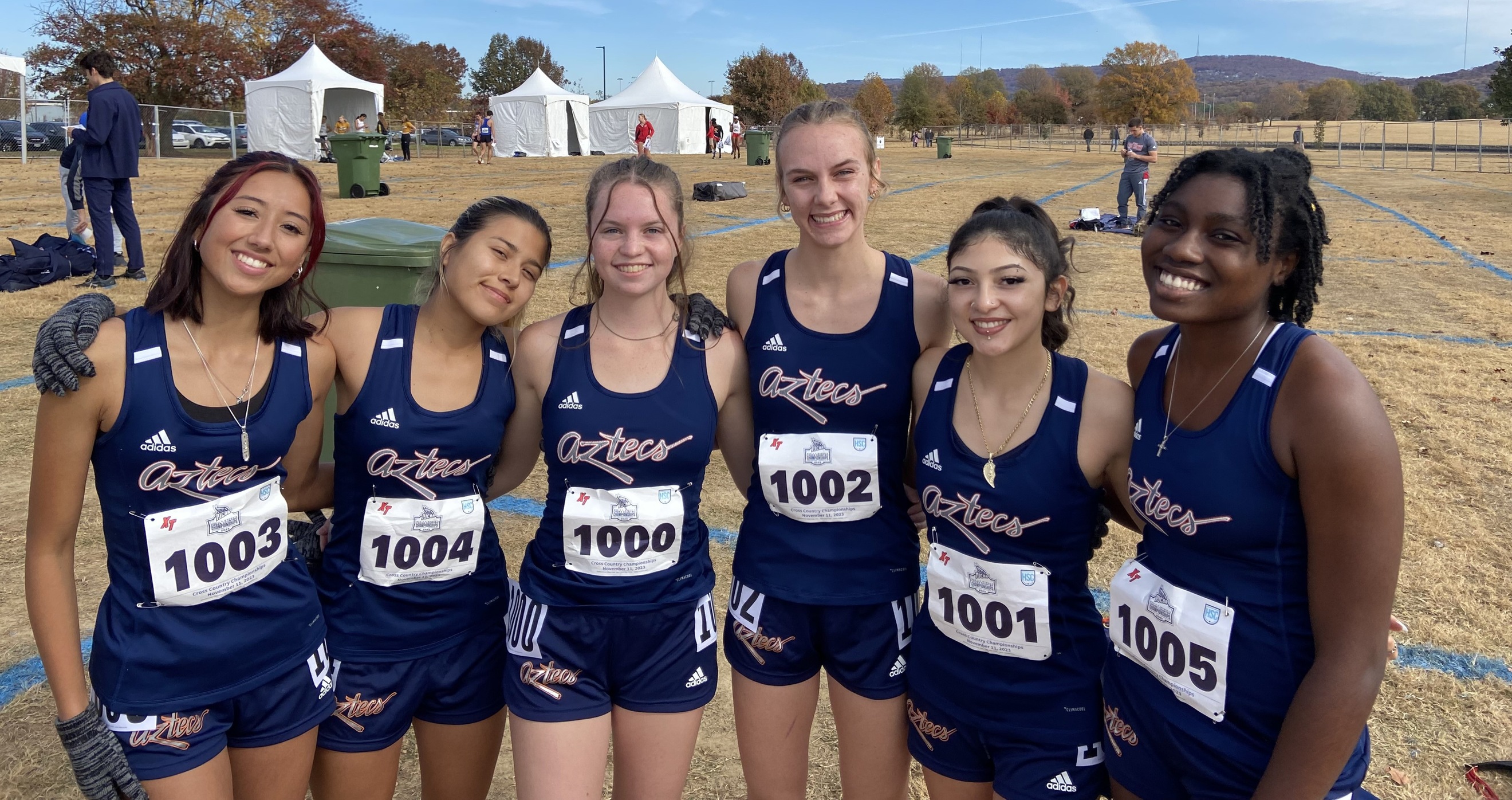 The Aztecs women's Cross Country team finished in 16th place at the NJCAA Division I National Championships with 446 points. It was the program's best finish since 2018. Freshman Reatta Danhof (Ironwood Ridge HS) was the top finisher in 65th place with a season personal-best time in the 5K at 19:56.20. (Left to Right): Alyssa Perez, Linda Rivero, Sara Bredenkamp, Reatta Danhof, Mariah Cruz and Iyannah Tolliver. Photo courtesy of Mark Bennett