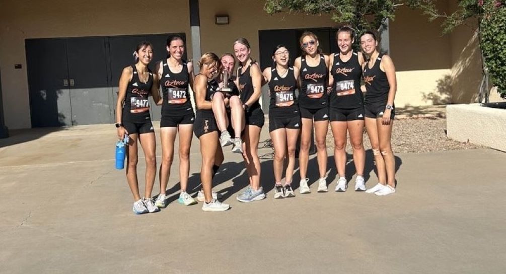 The No. 19 ranked Aztecs Women's Cross Country took first place in the team standings with 31 points while sophomore Reatta Danhof (Ironwood Ridge HS) took first in the individual race finishing the 5K race (3.1 miles) with a personal-record time of 18 minutes, 48.0 seconds. (Left to right) Alyssa Perez, Ella Allred, Linda Rivero, Reatta Danhof, Karlee Pope, Mariah Cruz, Elexia Aragon, Elizabeth Coppola and Cashlyn Proffitt. Photo courtesy of Chad Harrison