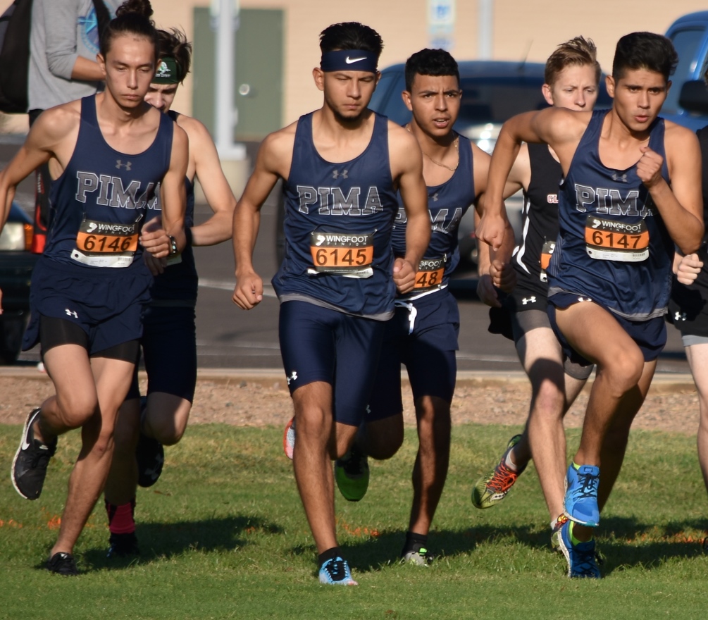 Aztecs men's cross country runners Aaron Espinoza (Sunnyside HS), Alex Corrales (Nogales HS) and Juan Miranda (Flowing Wells HS) competed at the NJCAA Division I National Championships. Miranda was the best Pima finisher with a time of 27 minutes, 21.0 seconds in the 8K (4.97 miles) race. Photo by Ben Carbajal