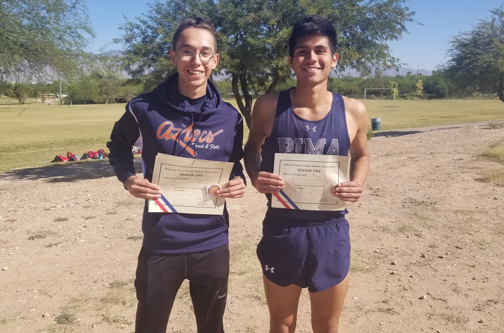 Sophomores Aaron Espinoza (Sunnyside HS) and Juan Miranda (Flowing Wells HS) finished 12th and 11th respectively and earned NJCAA All-Region honors at the NJCAA Region I Championships on Friday at Silverlake Park. They both qualified for the NJCAA Division I National Championship race in November. Photo by Raymond Suarez