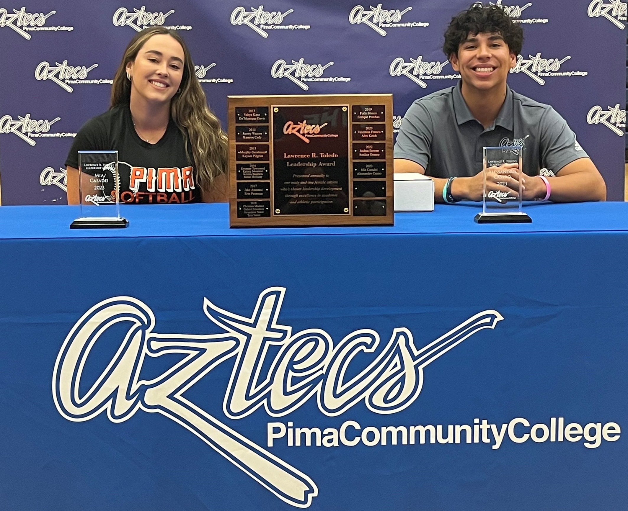 Aztecs softball player Mia Casadei (Tanque Verde HS) and baseball pitcher Alessandro Castro were selected as the 2023 recipients of the Lawrence R. Toledo Leadership Award. The award is in honor of Pima's first Athletic Director  Larry Toledo, who was the head of the department for over 25 years. Casadei is heading to Ottawa University Arizona in Surprise, AZ and Castro will play at the University of Arizona. Photo by Raymond Suarez