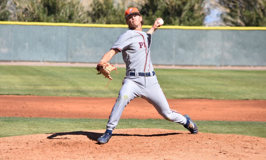 Sophomore Bradon Zastrow pitched a gem and earned the win in the second game after throwing six innings giving up one run (none earned) on seven hits with seven strikeouts and one walk on 77 pitches as the Aztecs baseball team split at Chandler-Gilbert Community College falling 6-2 and winning 10-3. The Aztecs are now 26-12 overall and 13-9 in ACCAC conference play. Photo by Ben Carbajal