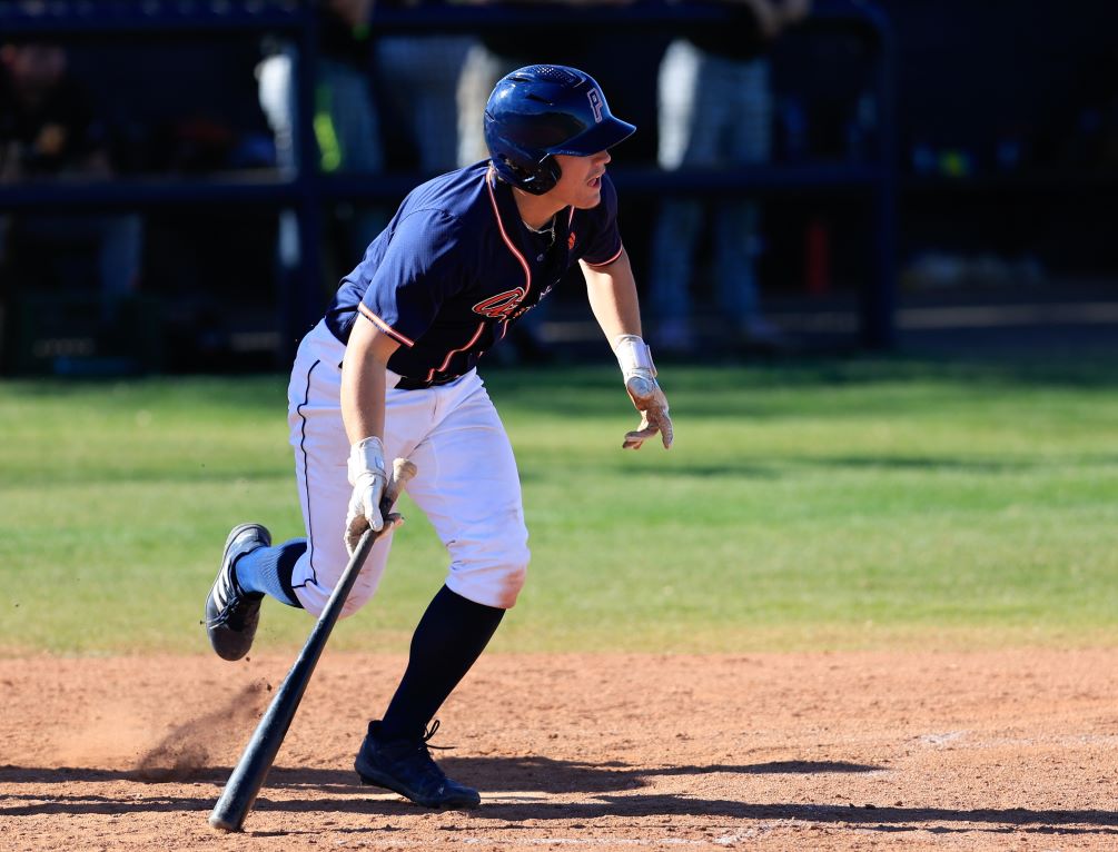 Freshman Collin Senior hit a walk-off home run in the first game and finished the day with two homers as he went 4-6 with four RBIs and two runs scored as the No. 10 ranked Aztecs baseball team beat Arizona Western College 4-3 but lost 15-9. The Aztecs are now 41-13 overall and 24-11 in ACCAC conference play. Photo by Stephanie van Latum