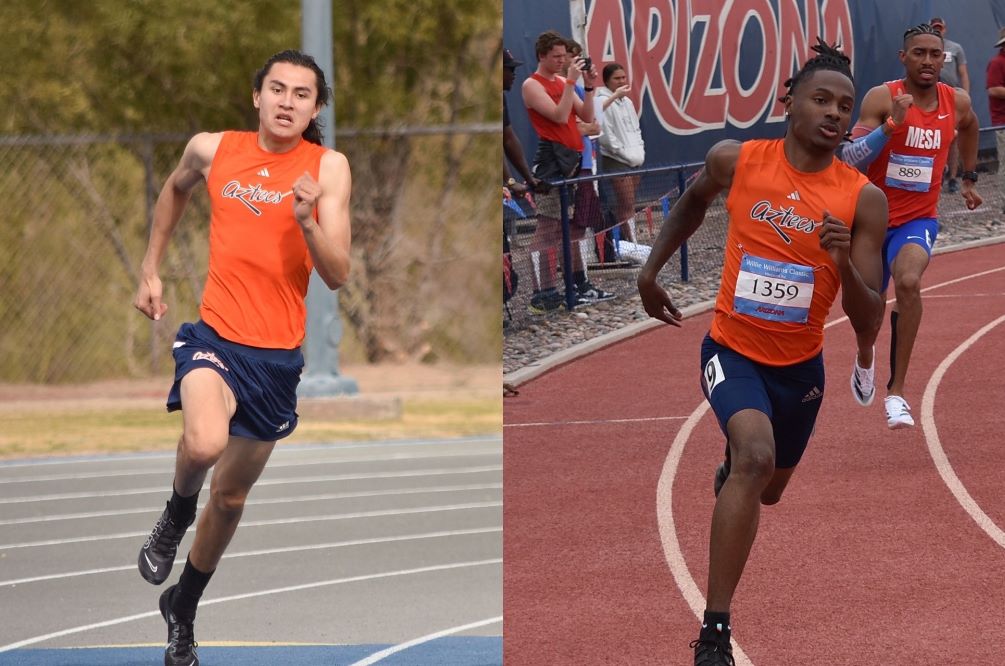 Sophomore Jesus Quintero earned a national qualifying time in the 400-meter hurdles with a time of 54.21 while freshman Nasir Tucker earned his qualifier in the Long Jump with a mark of 7.32 meters (24-feet, 0.25-inches). Photos by Ben Carbajal