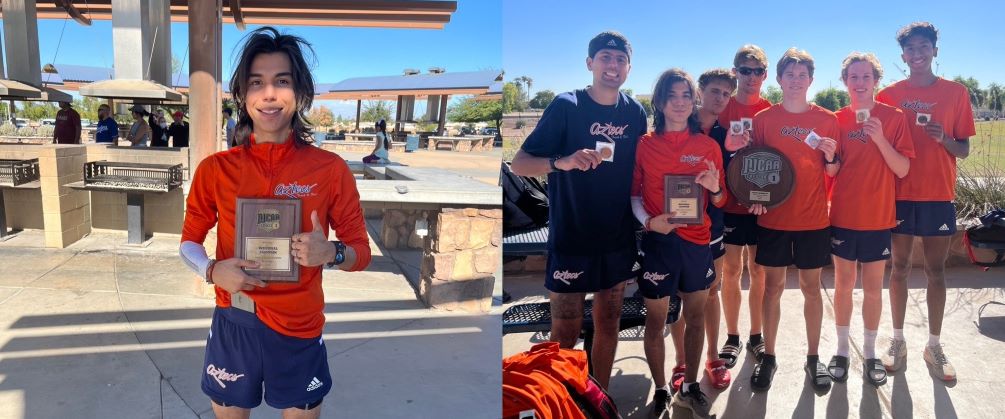 Sophomore Abraham Valenzuela (Palo Verde HS) claimed the NJCAA Region I, Division I Individual title while the Aztecs placed second with a score of 30 points. (Left to right) Hall Griffith (7th), Valenzuela (1st), Russell Bauer-Woodman (11th), Justin VanDeberg (10th), Jace Schaub (8th), Declan Jorgenson (4th) and Louis Madrigal-Diaz (12th) earned All-Region honors. Photos by Ray Suarez