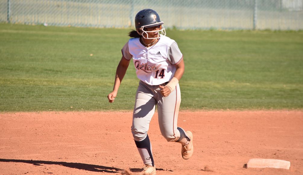 Freshman Kalynn Worthy (Verrado HS) went 7 for 9 with nine RBIs and three runs scored as the Aztecs softball team defeated Chandler-Gilbert Community College 8-2 and 20-7 on Saturday in Chandler. The Aztecs have won eight of their last 10 and are now 17-19 overall and in ACCAC conference play. Photo by Ben Carbajal