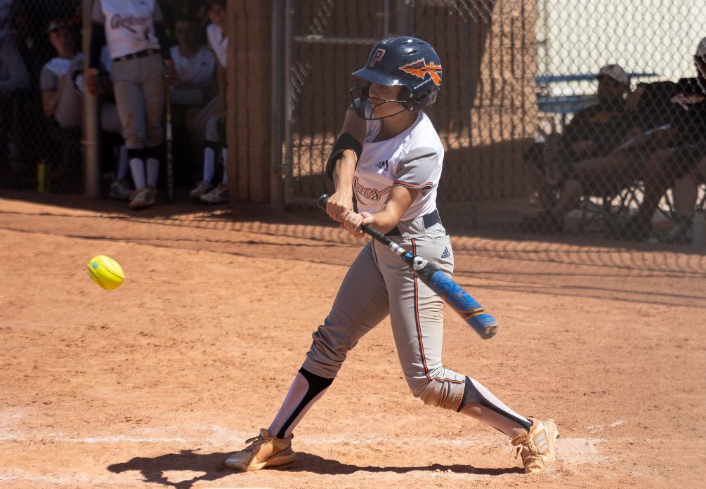 Sophomore Elise Munoz (Salpointe Catholic HS) finished the day going 3 for 6 with two runs scored, four steals and a walk but the Pima softball team dropped two games against No. 4 ranked South Mountain Community College. The Aztecs have lost five of their last six games and are now 32-21 overall and 28-16 in ACCAC conference play. Photo by Stephanie van Latum