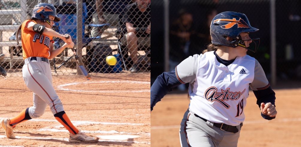Sophomore outfielder Elise Munoz (Salpointe Catholic HS) was named first team All-ACCAC while freshman catcher Mallory Zylinski-Wrobel (Sahuarita HS) was selected second team All-ACCAC. Both were named to the NJCAA All-Region I, Division I team. Photos by Stephanie van Latum
