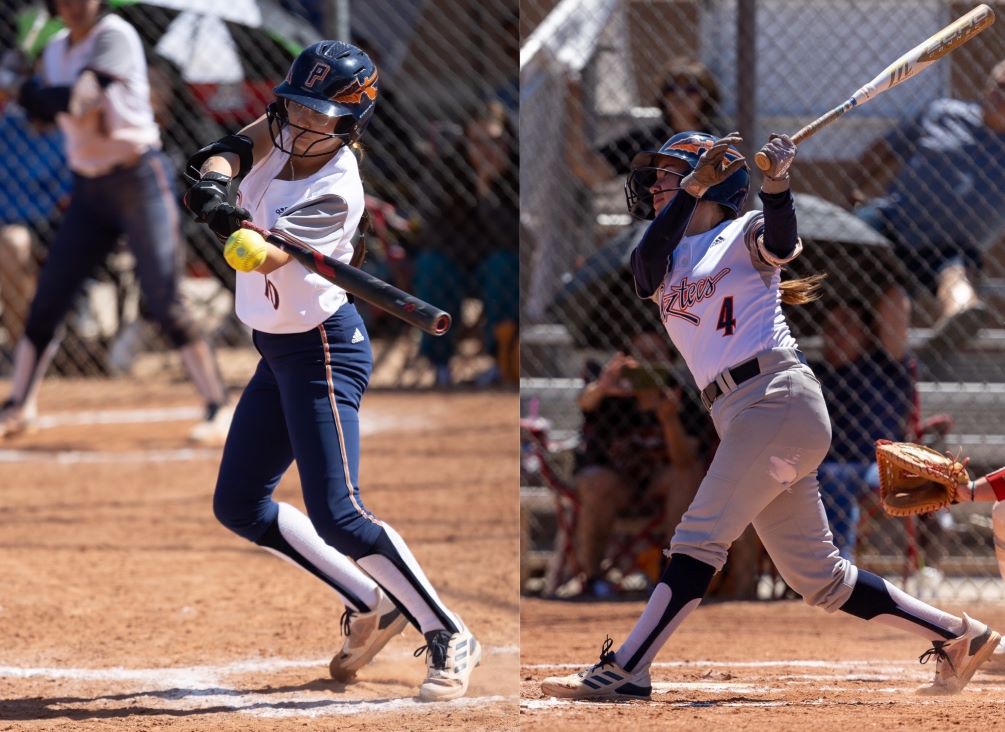 Freshman Aubrey Marx and sophomore Camila Zepeda combined to go 8 for 16 with six RBIs and six runs scored as the Softball team's winning streak reached 24 games after sweeping Scottsdale Community College 9-5 and 10-0. The Aztecs are now 33-8 overall and 20-2 in ACCAC conference play. Photos by Stephanie van Latum and Gilbert Alcaraz.