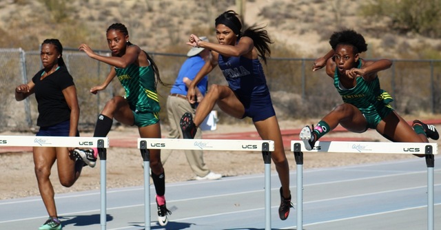 Freshman Jala Pinckney (Walden Grove HS) set a new Pima school record and national qualifying time in the 60-meter hurdles. She took second place with a time of 8.80 seconds. Photo by Michelle Trujillo/AztecPress