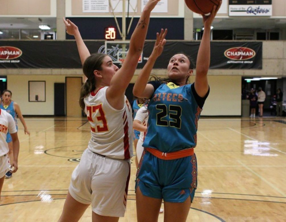 Freshman Matehya Aberle went 7 for 10 from the floor finishing with a team-high 17 points as the No. 8 ranked Aztecs women's basketball team defeated Chandler-Gilbert Community College 92-65 in Chandler. The Aztecs improved to 8-2 overall and 4-1 in ACCAC conference play. Photo by Stephanie van Latum