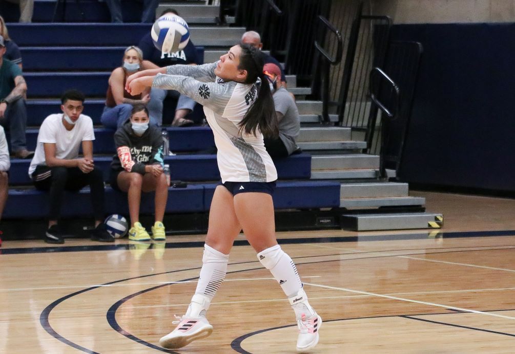 Sophomore Andrea Vigil-German (Ironwood Ridge HS) was one of three Aztecs who finished with a double-double but Pima fell at No. 20 Chandler-Gilbert Community College in four sets (27-25, 14-25, 25-18, 25-21). The Aztecs are now 9-8 overall and 4-3 in ACCAC conference play. Photo by Stephanie Van Latum